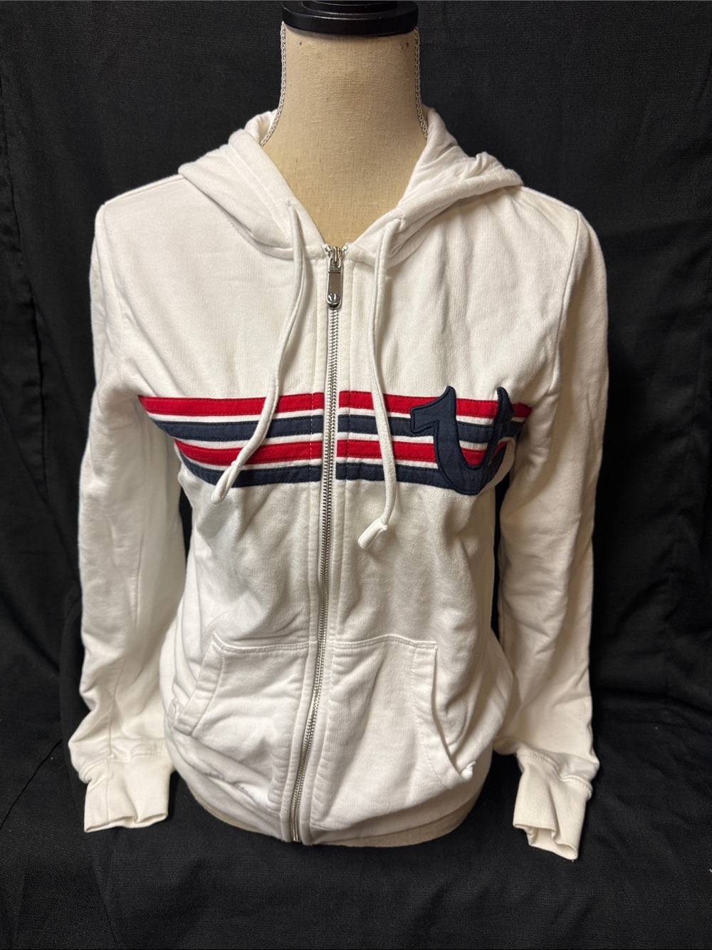 White Zip-Up Hoodie with Red & Navy Stripe Accent